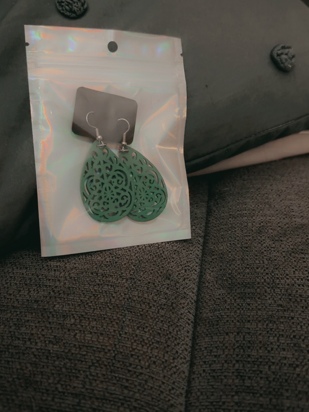 Boho Teal Green Wooden Filigree Teardrop Earrings - Picture 5 of 5